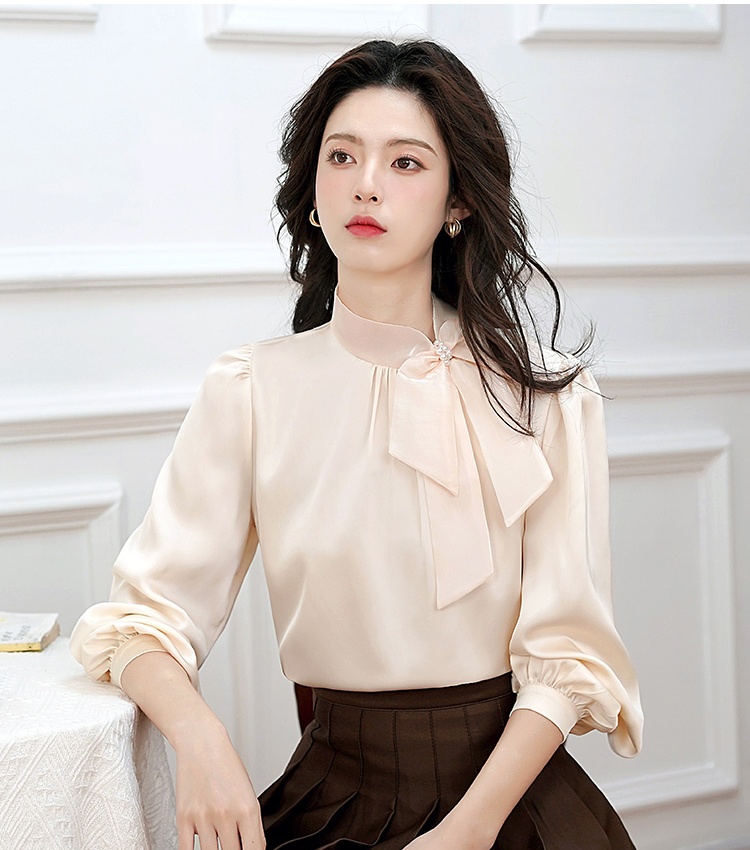Satin France style organza shirt autumn bow niche tops