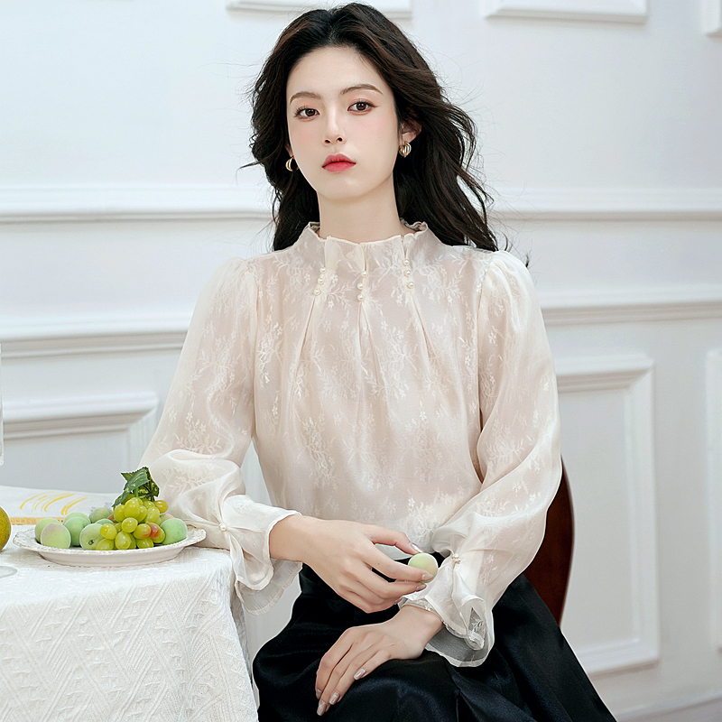 Pearl cstand collar tops temperament chanelstyle shirt