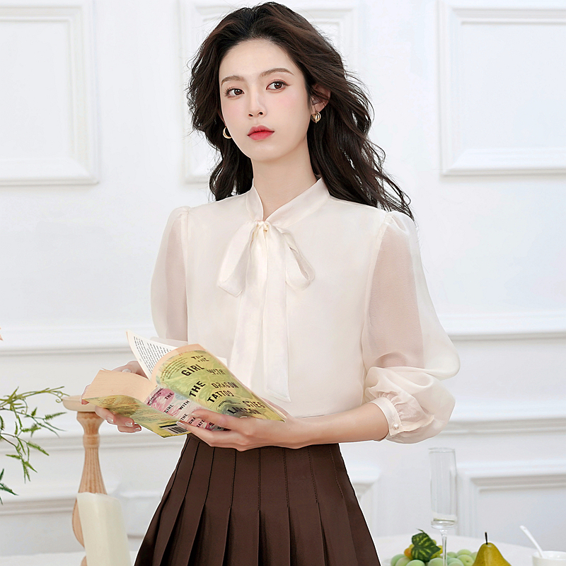 Bow long sleeve shirt spring and autumn organza tops for women