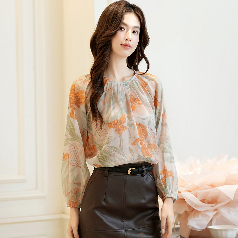 Autumn France style small shirt retro printing shirt for women