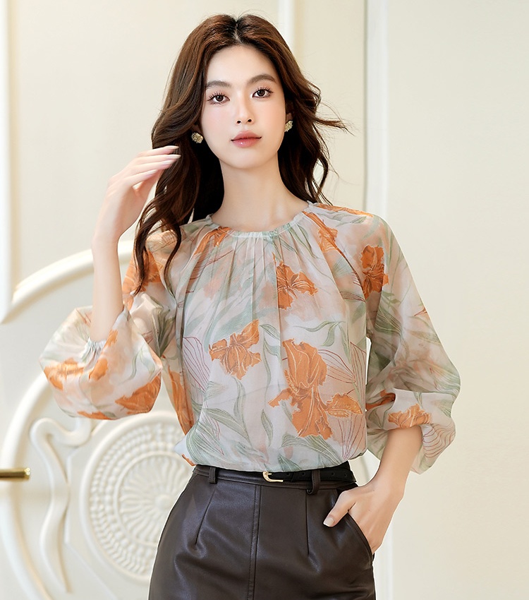 Autumn France style small shirt retro printing shirt for women