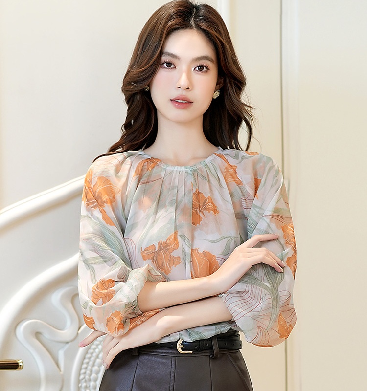 Autumn France style small shirt retro printing shirt for women