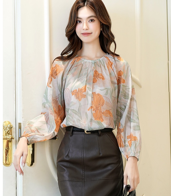 Autumn France style small shirt retro printing shirt for women