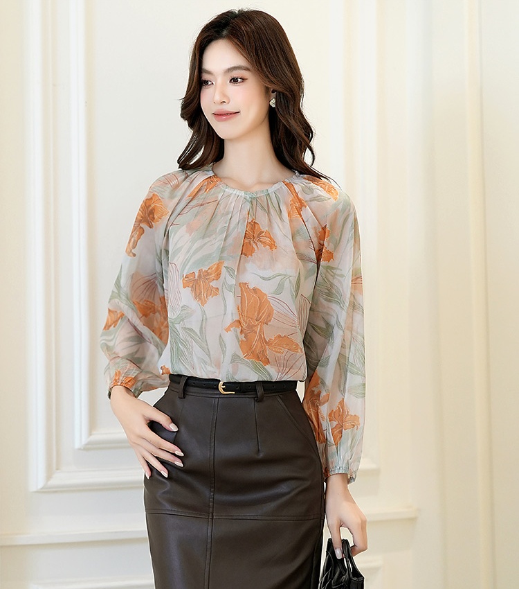 Autumn France style small shirt retro printing shirt for women