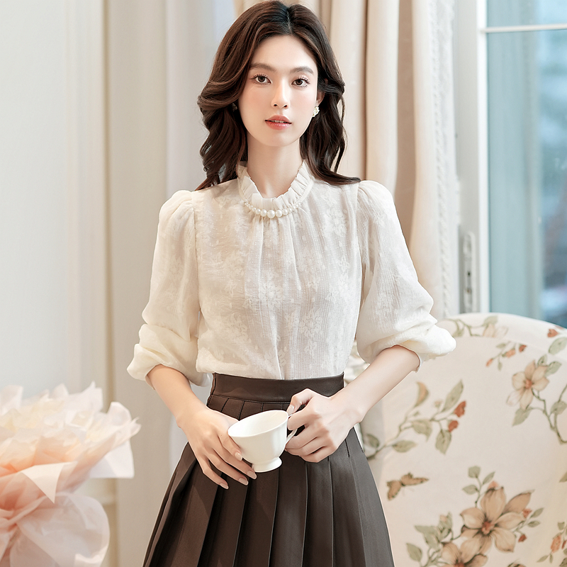 Western style half high collar shirt long sleeve chiffon shirt
