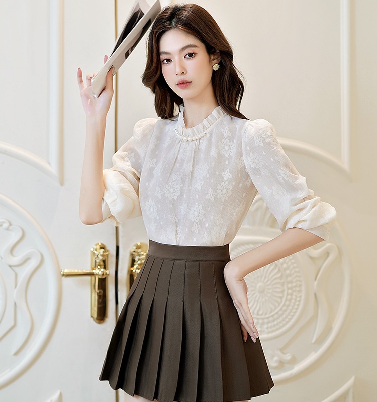 Western style half high collar shirt long sleeve chiffon shirt