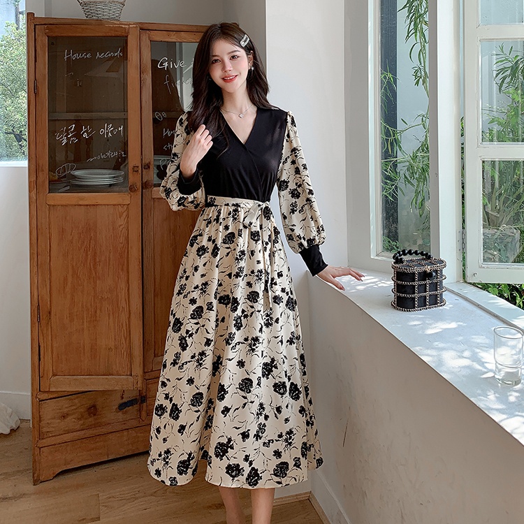 Bottoming Pseudo-two V-neck slim printing long dress