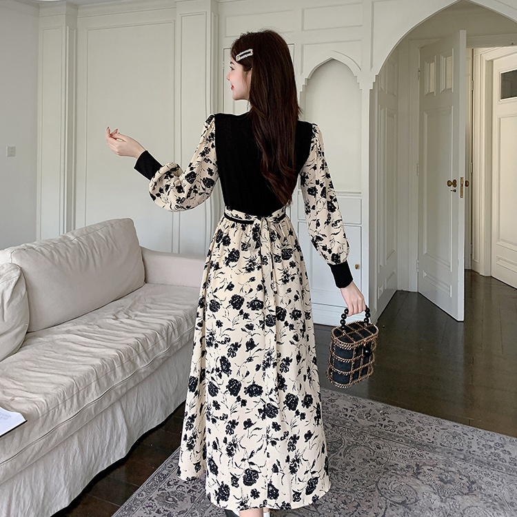 Bottoming Pseudo-two V-neck slim printing long dress