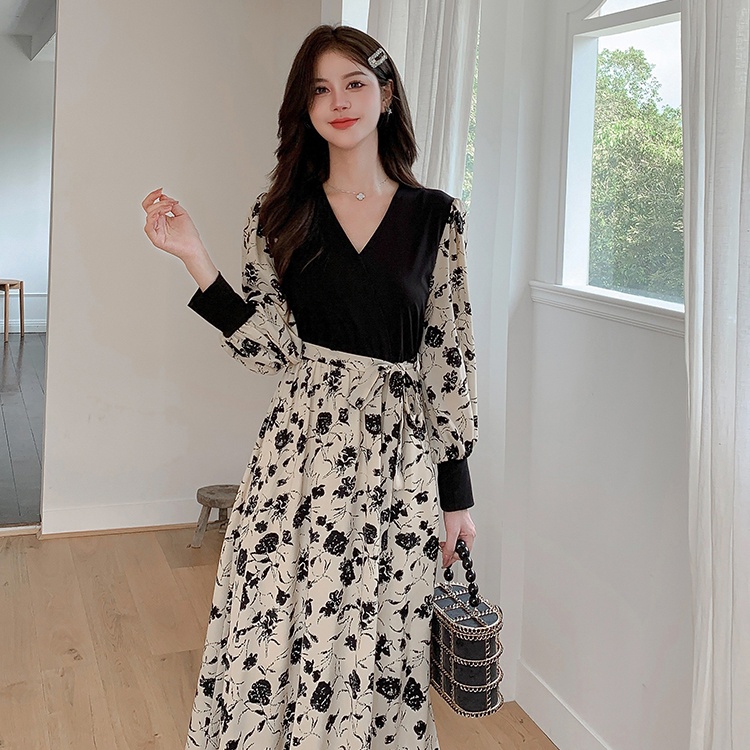 Bottoming Pseudo-two V-neck slim printing long dress