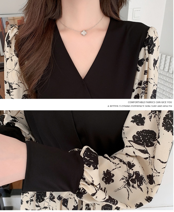 Bottoming Pseudo-two V-neck slim printing long dress