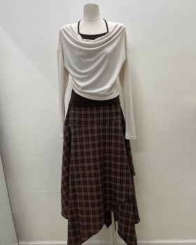 Slim fashion tops long sleeve Korean style skirt 2pcs set
