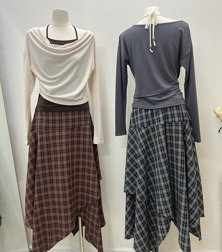 Slim fashion tops long sleeve Korean style skirt 2pcs set