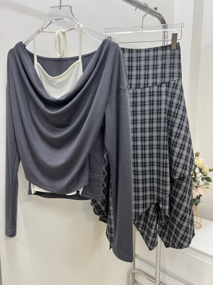 Slim fashion tops long sleeve Korean style skirt 2pcs set