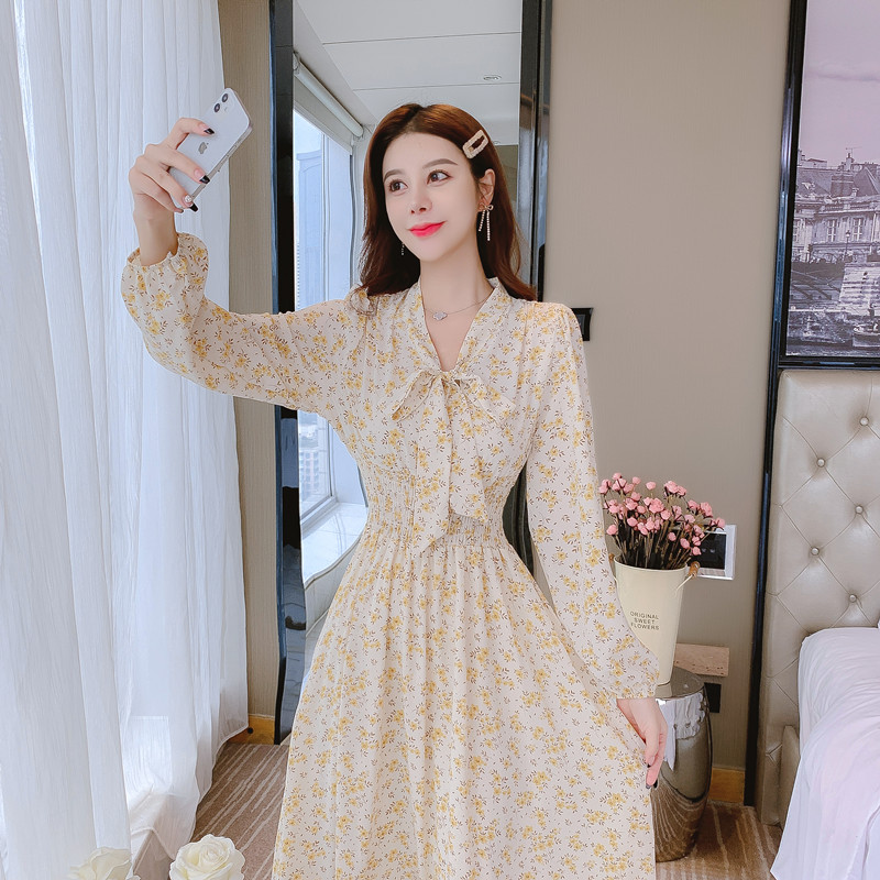 Chiffon France style floral printing slim dress for women