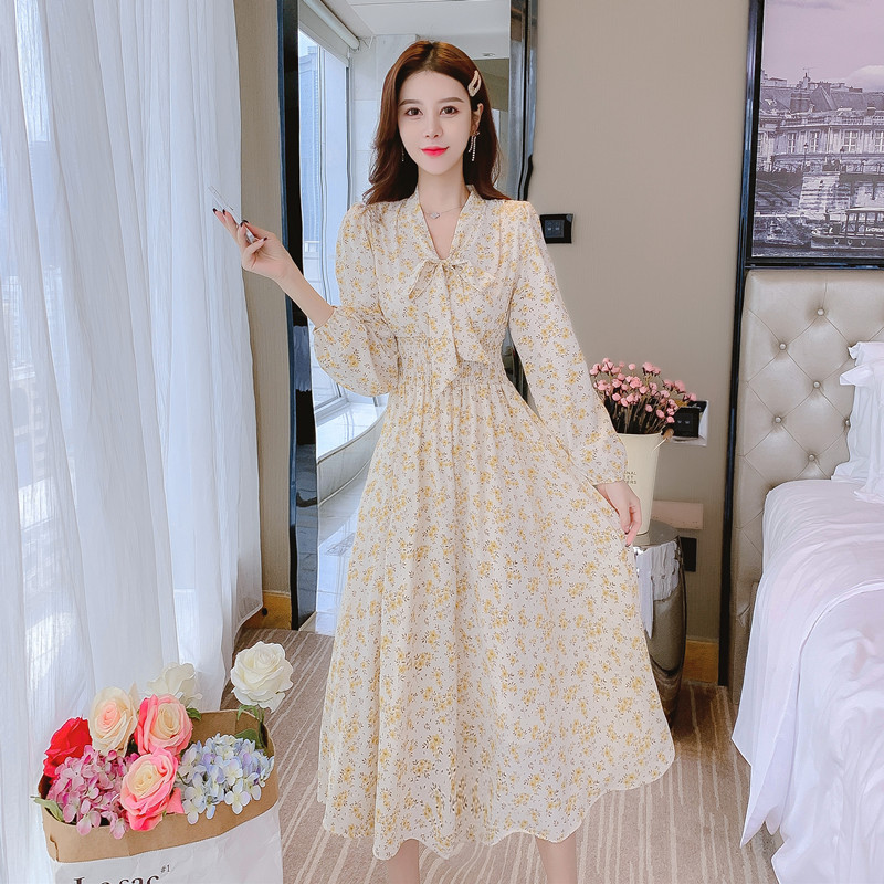 Chiffon France style floral printing slim dress for women