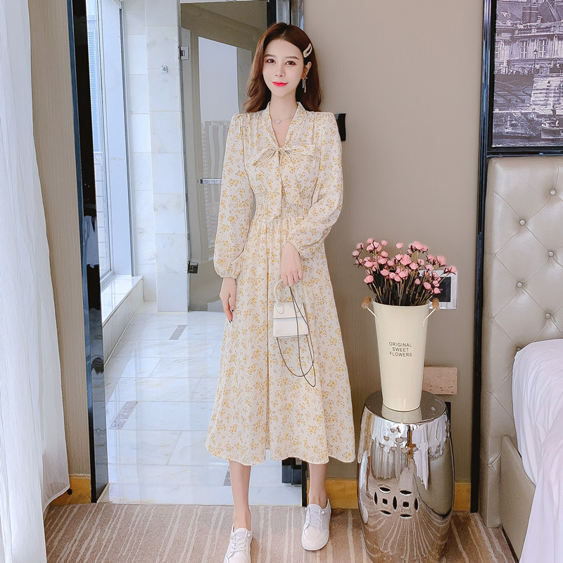 Chiffon France style floral printing slim dress for women