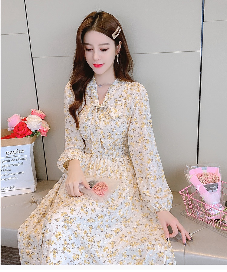 Chiffon France style floral printing slim dress for women