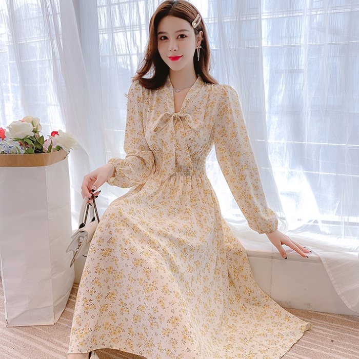 Chiffon France style floral printing slim dress for women