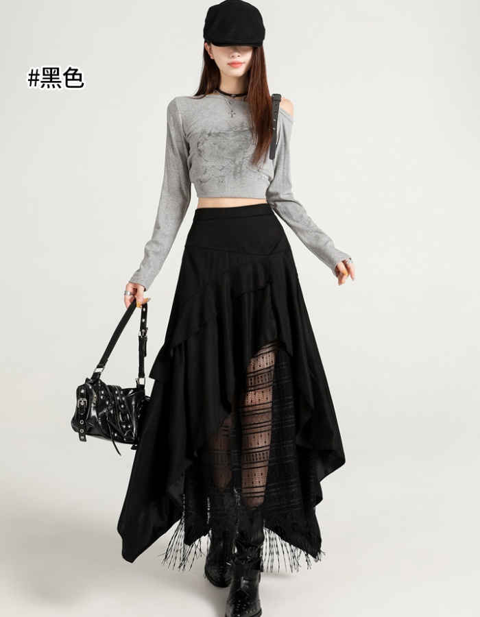 Splice lace skirt high waist A-line long skirt for women