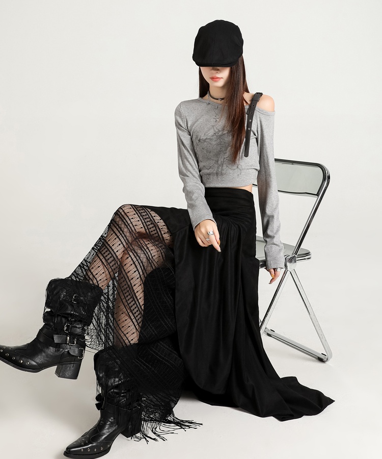 Splice lace skirt high waist A-line long skirt for women