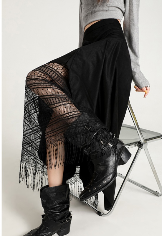 Splice lace skirt high waist A-line long skirt for women