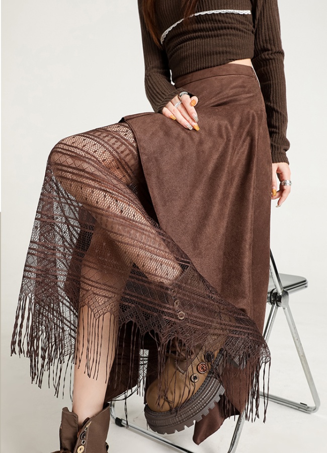 Splice lace skirt high waist A-line long skirt for women