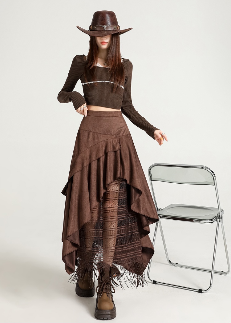 Splice lace skirt high waist A-line long skirt for women