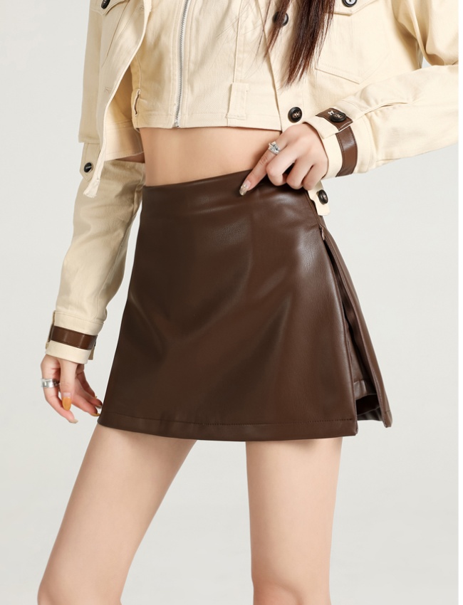 Slim PU A-line skirt high waist split culottes for women