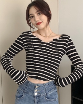 V-neck autumn tops long sleeve wood ear T-shirt for women