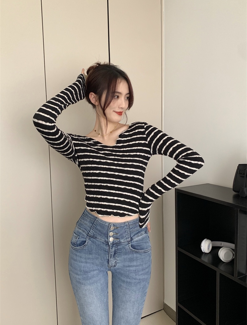 V-neck autumn tops long sleeve wood ear T-shirt for women