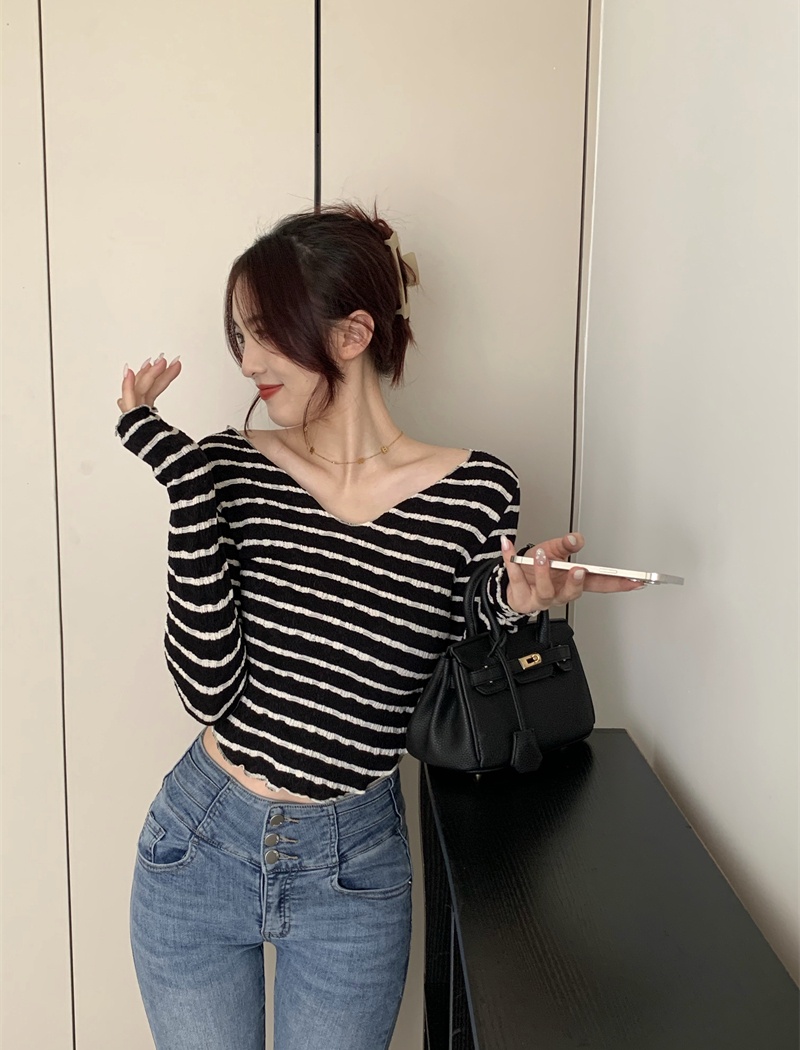 V-neck autumn tops long sleeve wood ear T-shirt for women