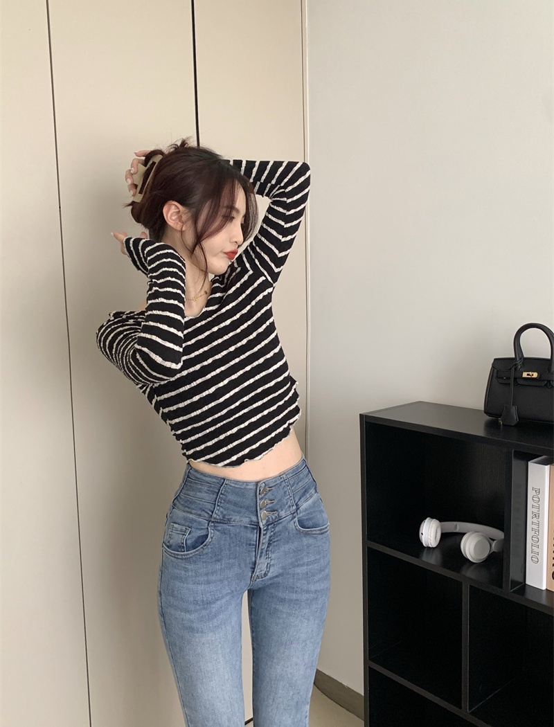 V-neck autumn tops long sleeve wood ear T-shirt for women