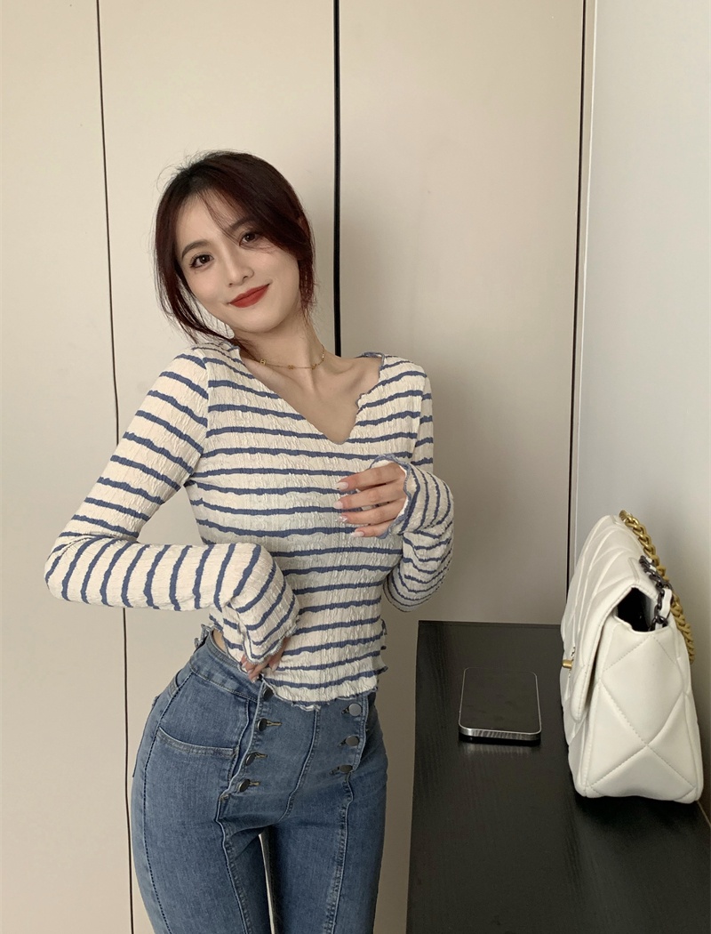 V-neck autumn tops long sleeve wood ear T-shirt for women