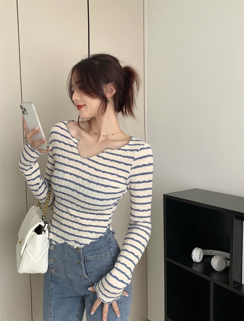 V-neck autumn tops long sleeve wood ear T-shirt for women