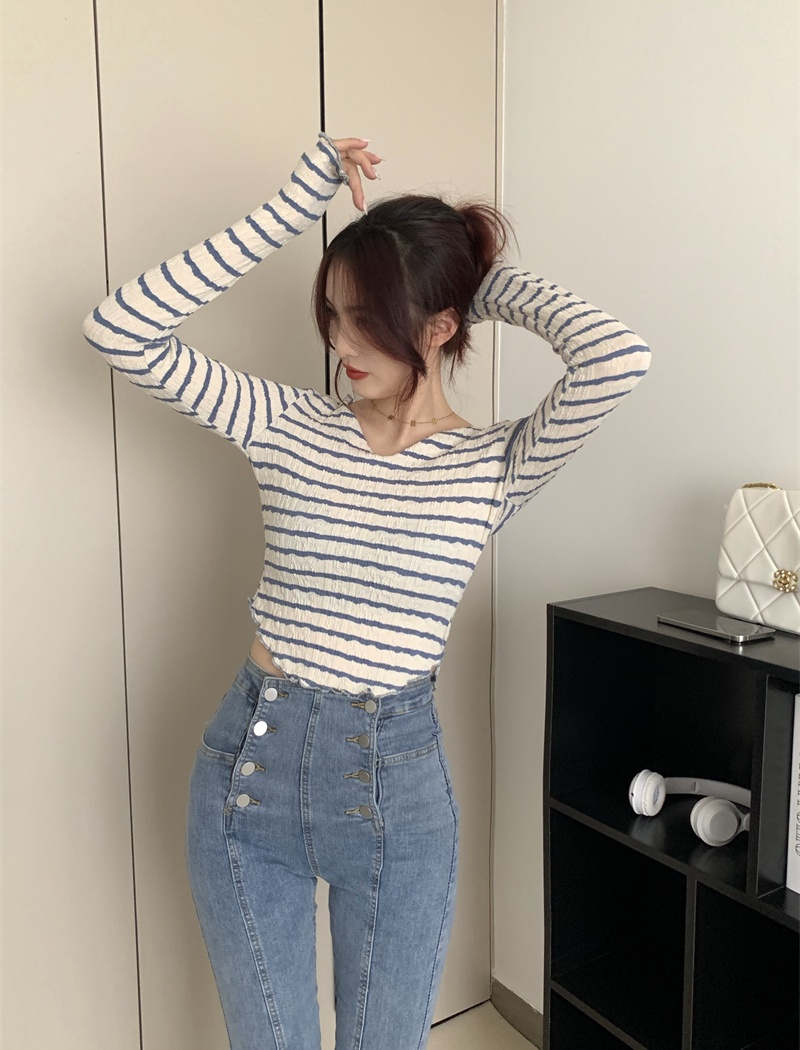 V-neck autumn tops long sleeve wood ear T-shirt for women