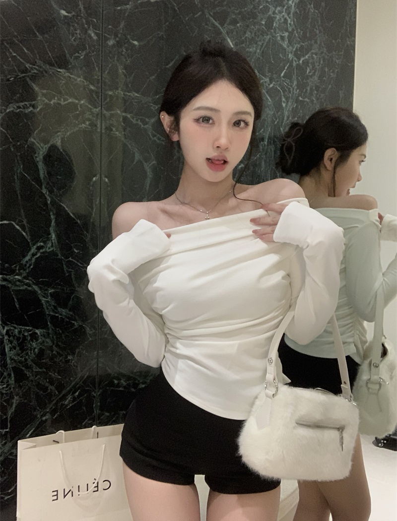 Oblique collar T-shirt long sleeve tops for women