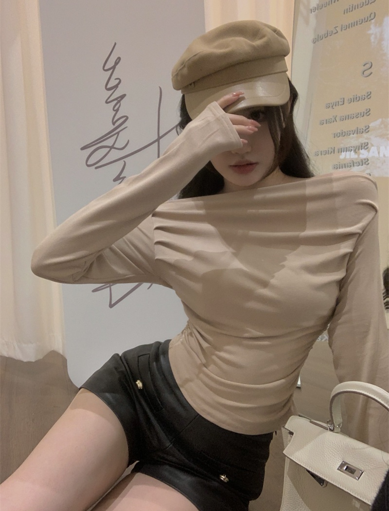 Oblique collar T-shirt long sleeve tops for women