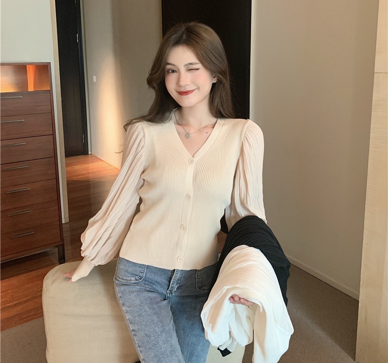Knitted V-neck long sleeve puff sleeve slim splice tops