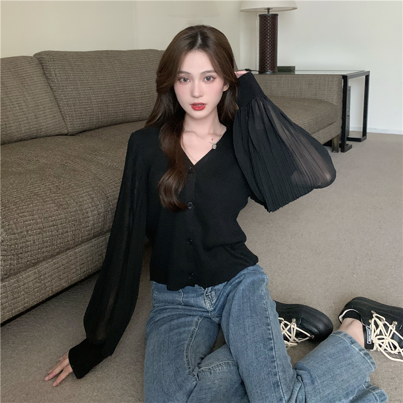 Knitted V-neck long sleeve puff sleeve slim splice tops
