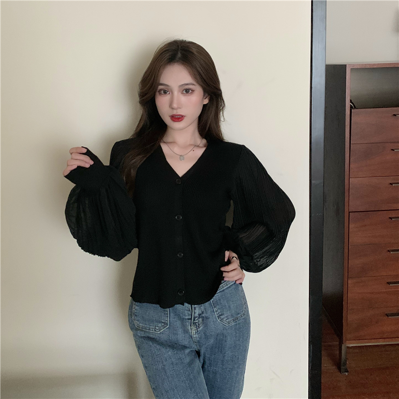 Knitted V-neck long sleeve puff sleeve slim splice tops