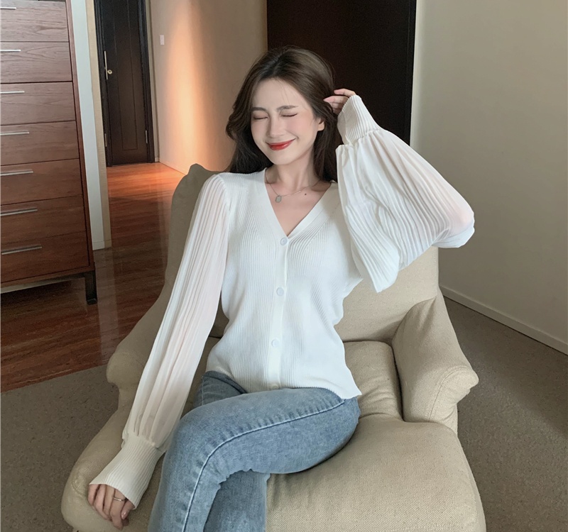 Knitted V-neck long sleeve puff sleeve slim splice tops