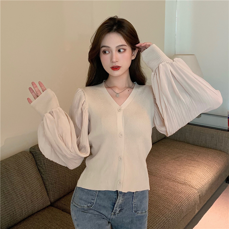 Knitted V-neck long sleeve puff sleeve slim splice tops