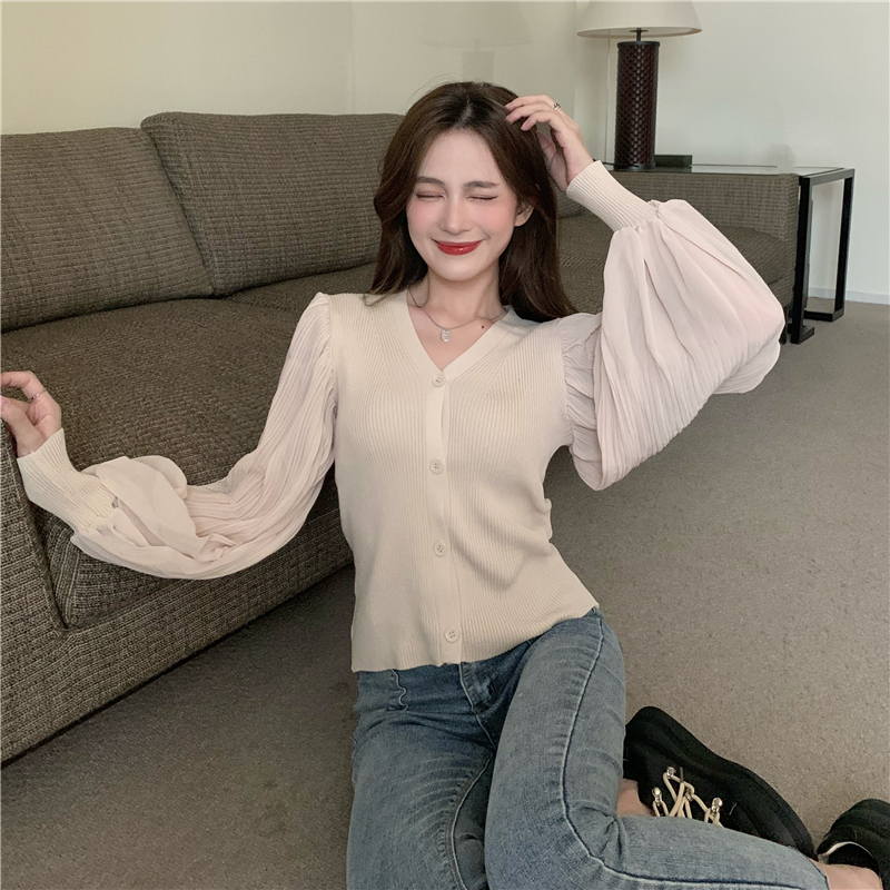Knitted V-neck long sleeve puff sleeve slim splice tops