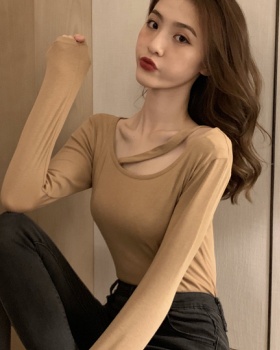 Clavicle long sleeve bottoming T-shirt hollow sexy tops