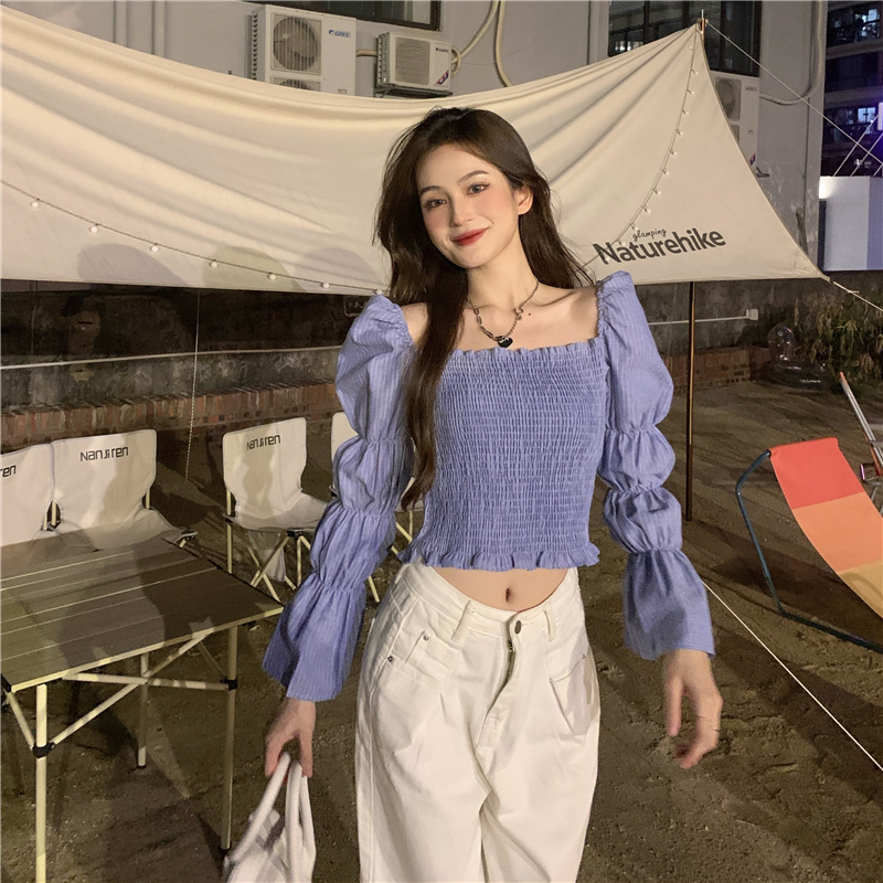 Fold long sleeve short lantern sleeve slim shirt