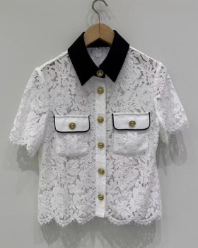 Pocket all-match small shirt hollow tops for women