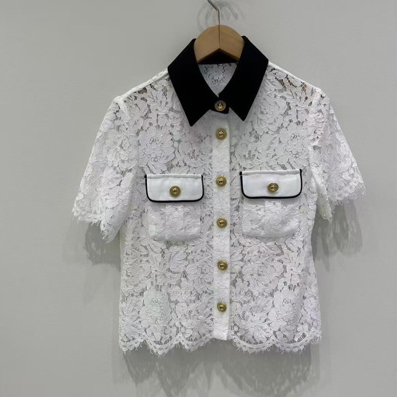 Pocket all-match small shirt hollow tops for women