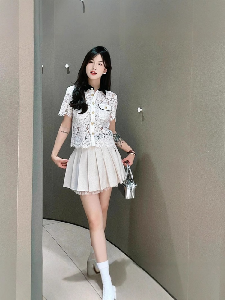 Pocket all-match small shirt hollow tops for women