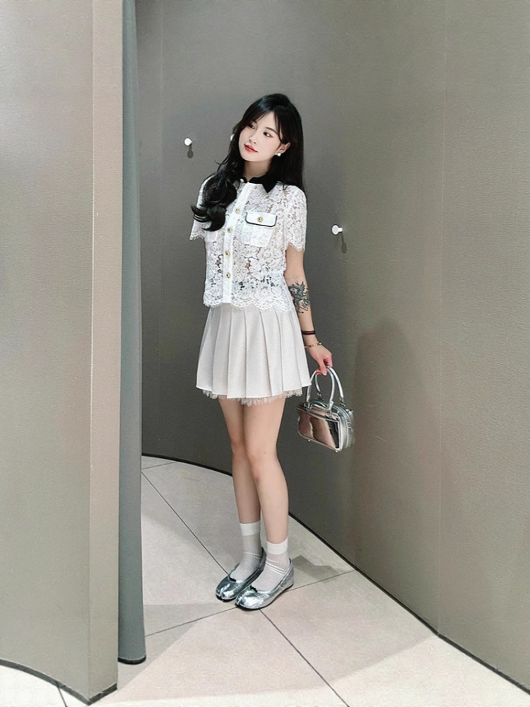 Pocket all-match small shirt hollow tops for women