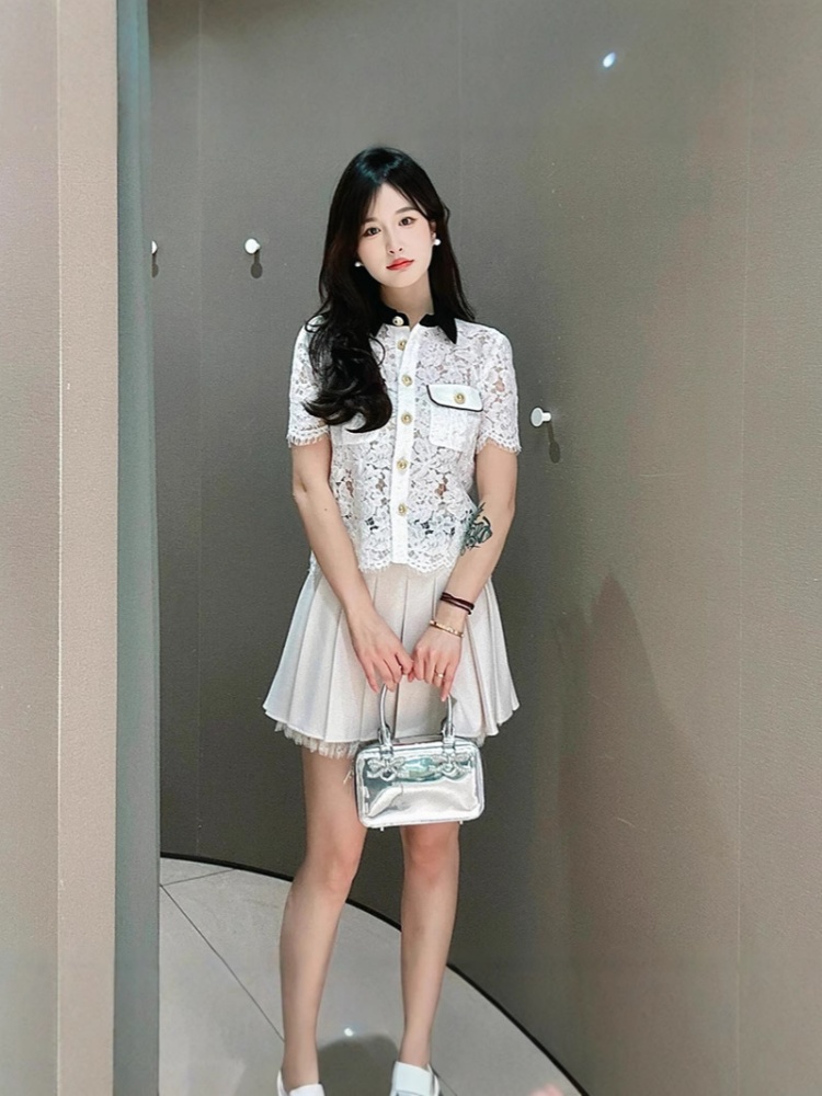 Pocket all-match small shirt hollow tops for women